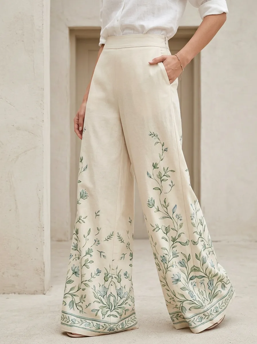 Women's Beige Floral Print Floor-Length High-Waisted Wide-Leg Trousers
