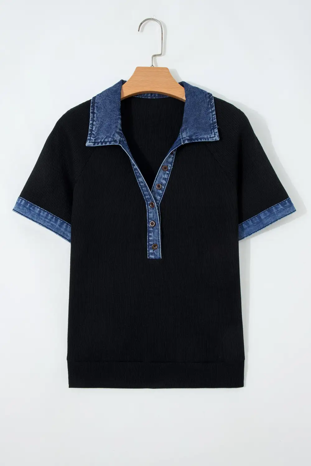 Women's Patchwork Denim Waffle Knit Top