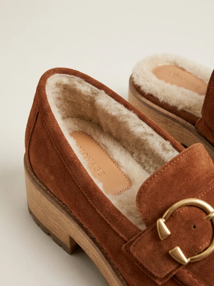 Women's Utility Faux Fur Lined Buckle Detail Platform Suede Wood Sole Loafers