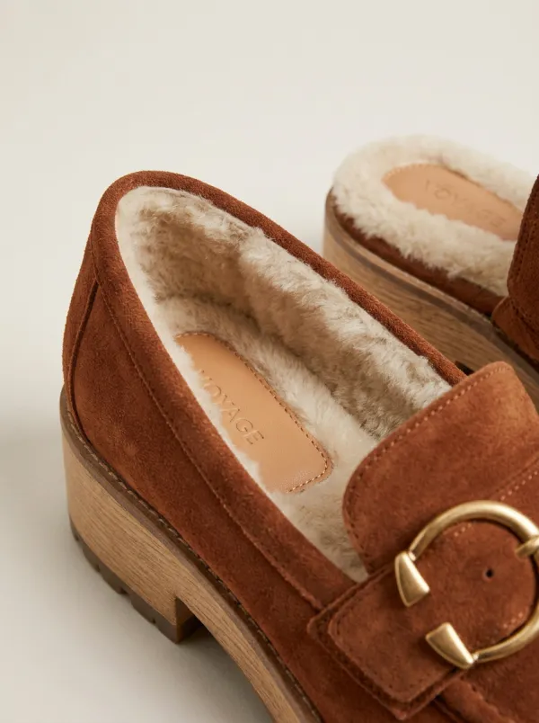 Women's Utility Faux Fur Lined Buckle Detail Platform Suede Wood Sole Loafers