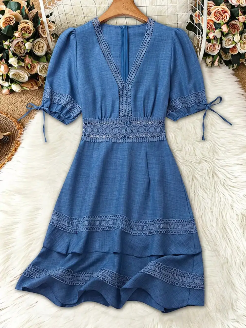 Modern Everyday Lace Detail V-Neck Mini Dress