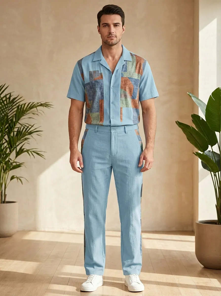 Men's Geometric Pattern Colorblock Printed Casual Set