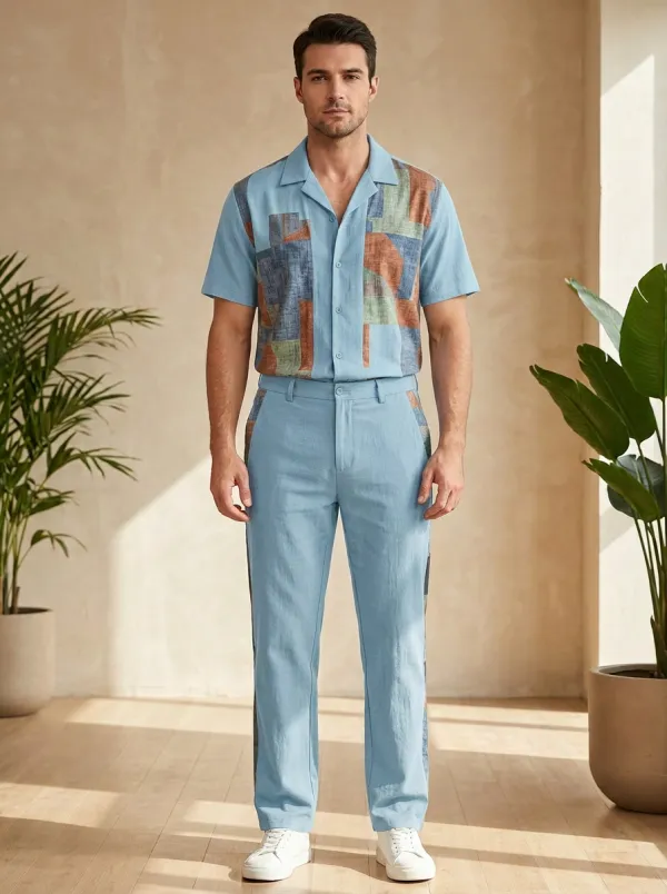 Men's Geometric Pattern Colorblock Printed Casual Set