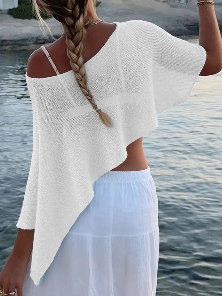 Sheer Detail Asymmetric One Shoulder Relaxed Fit Knit Cape