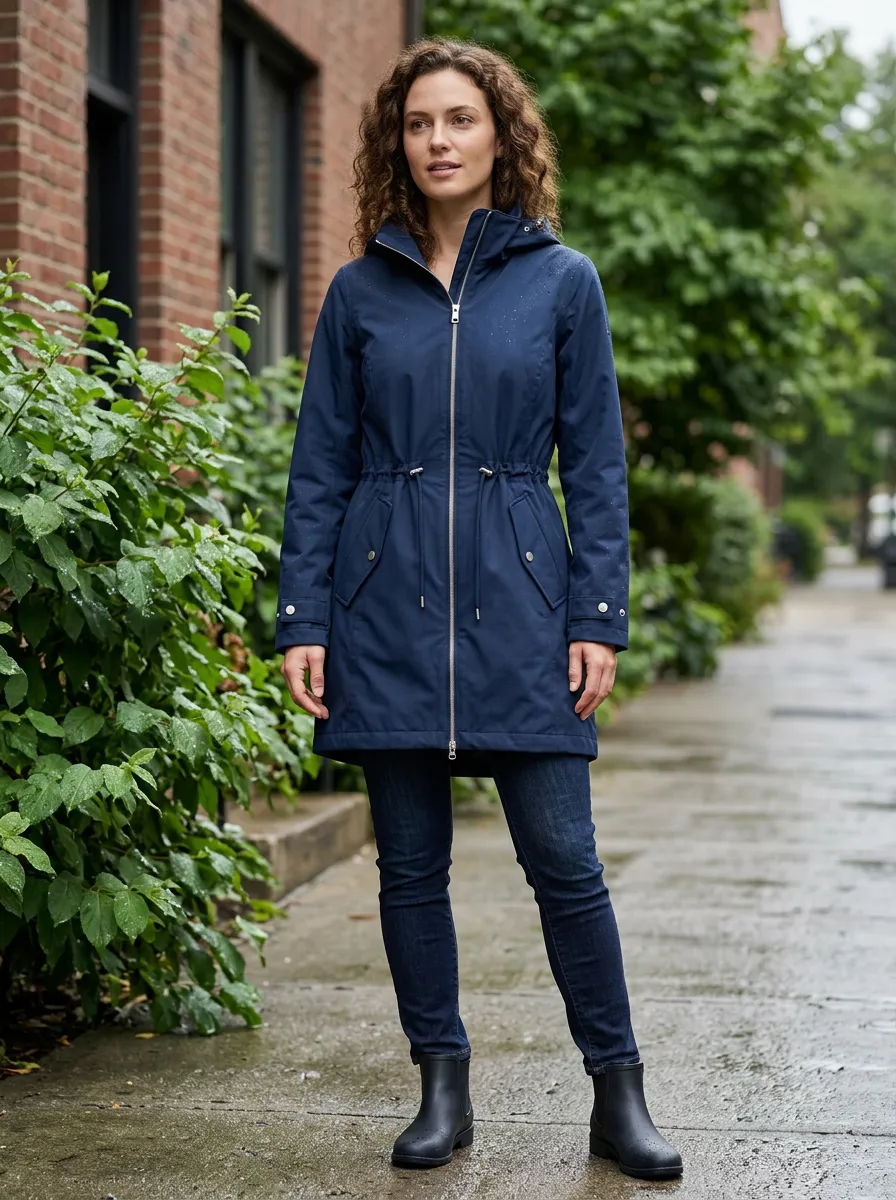 Women's Navy Blue Hooded Waterproof Rain Jacket with a Hood and Flap Pockets