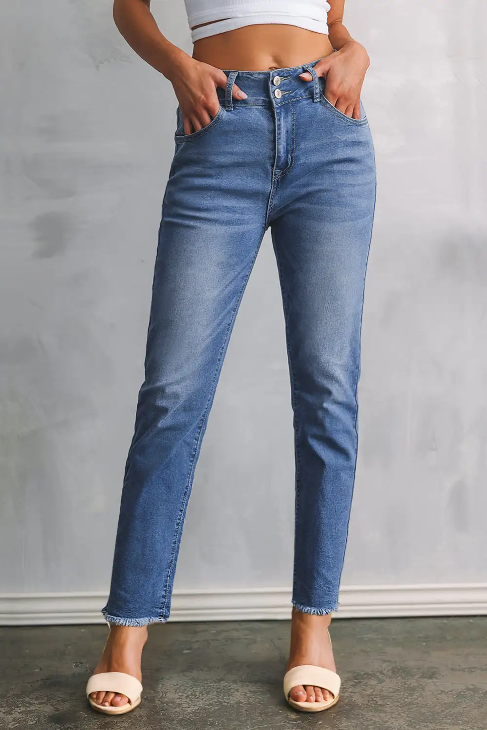 Women's Double Button Raw Hem Slim Fit Jeans