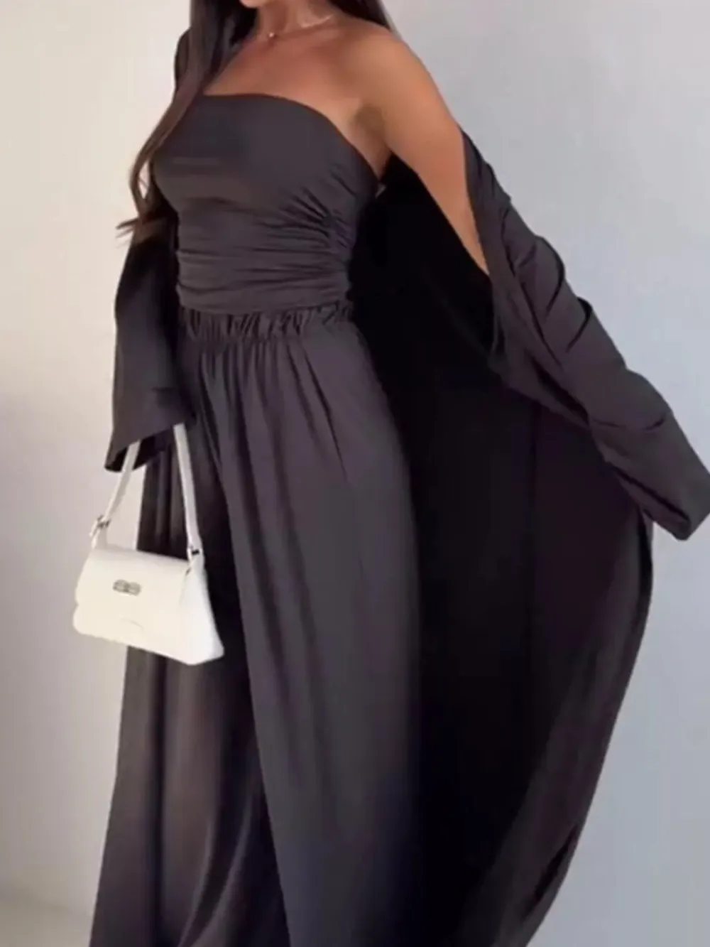 Tube Top & Cardigan & Wide Leg Pants Piece