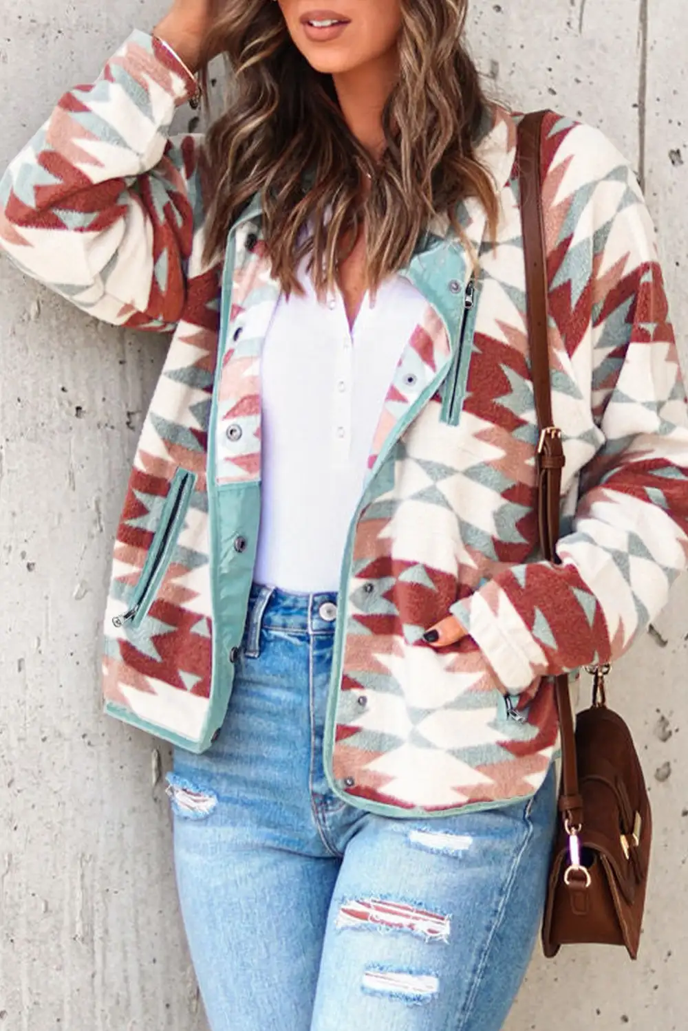 Western Aztec Button Zipper Pockets Fleece Jacket