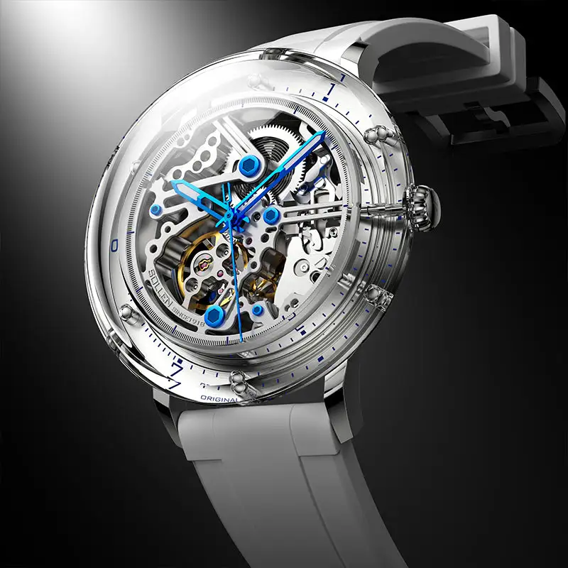 Sollen SL320 Men's Full Skeleton Automatic Mechanical Watch - 42mm K9 Glass Case Sandblasted Open Dial Fluororubber Strap Wristwatch