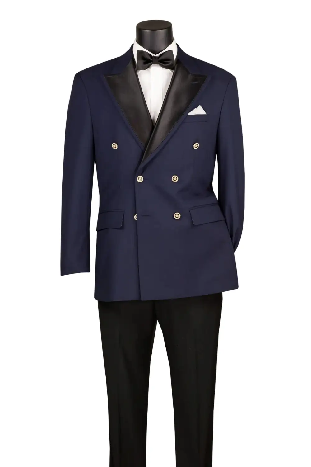 Navy Modern Fit Satin Double Breasted Peak Lapel Side Vents Blazer