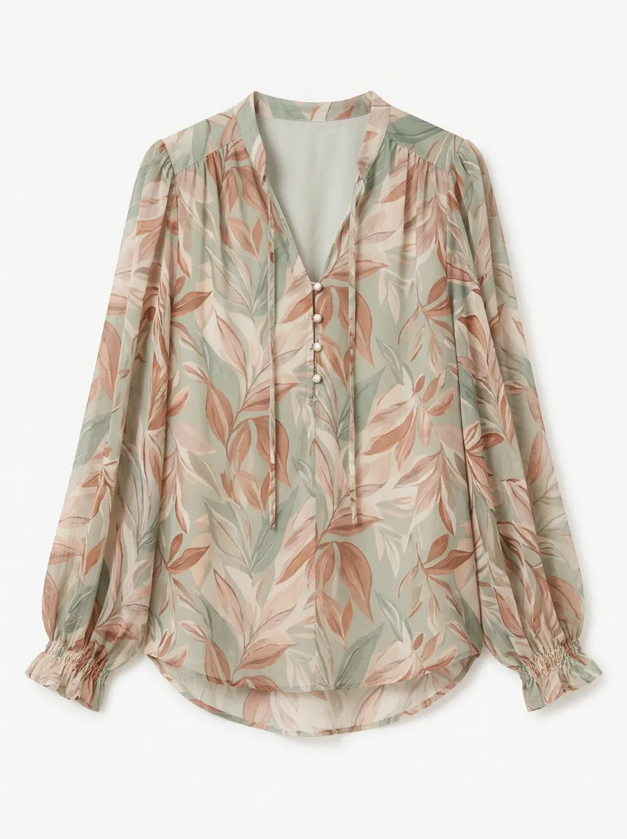 Women's Botanical Leaf Print V-Neck Long Sleeve Chiffon Blouse