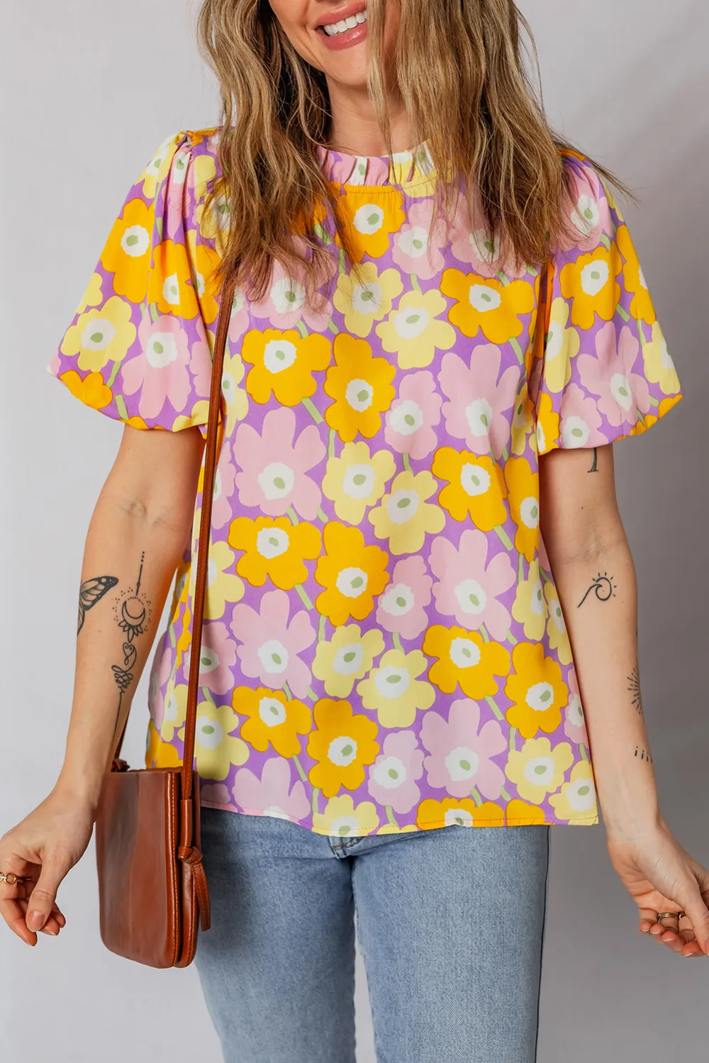 Purple Frilled Neck Puff Short Sleeve Top