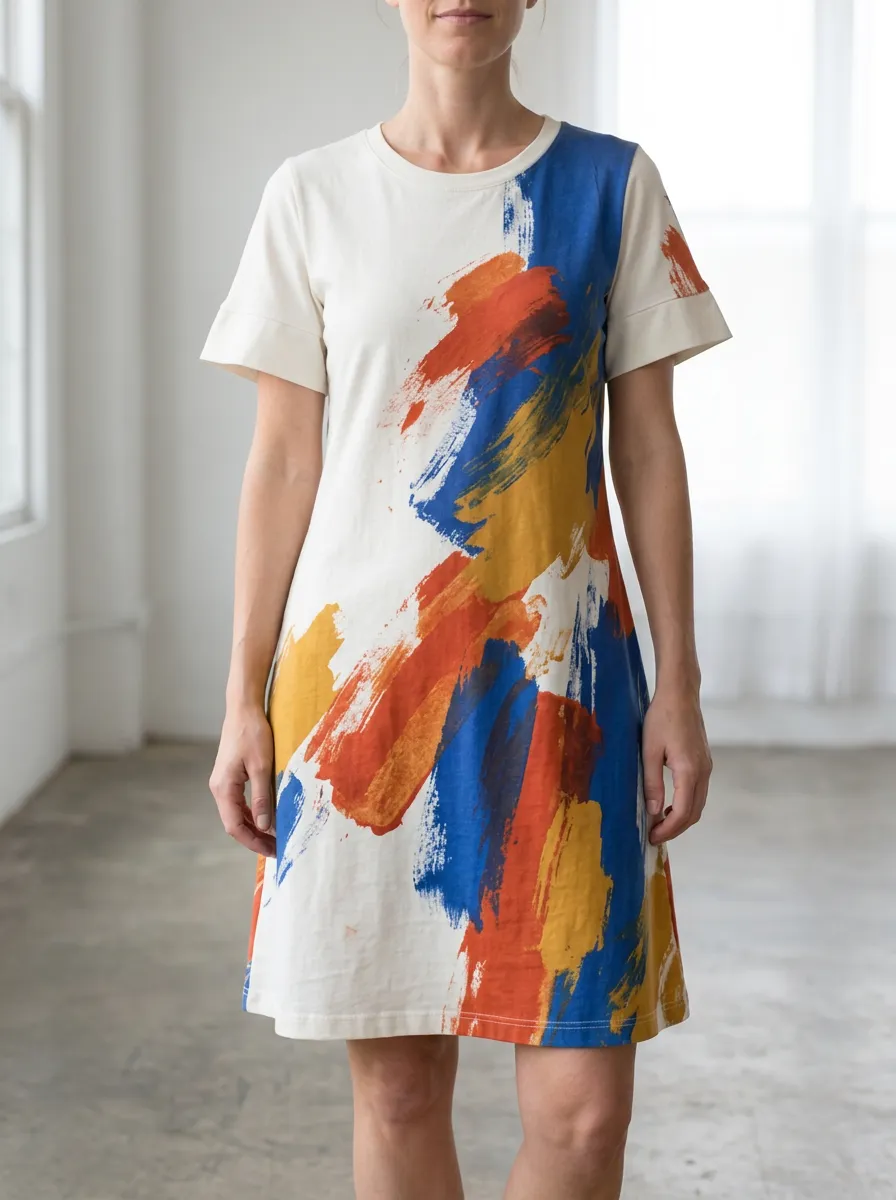 Women's Crew Neck Brushstroke Print T-Shirt Dress