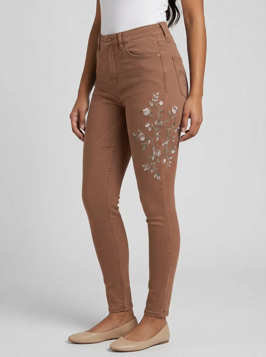 Women's Floral Rose Embroidery Printed Slim Jeans