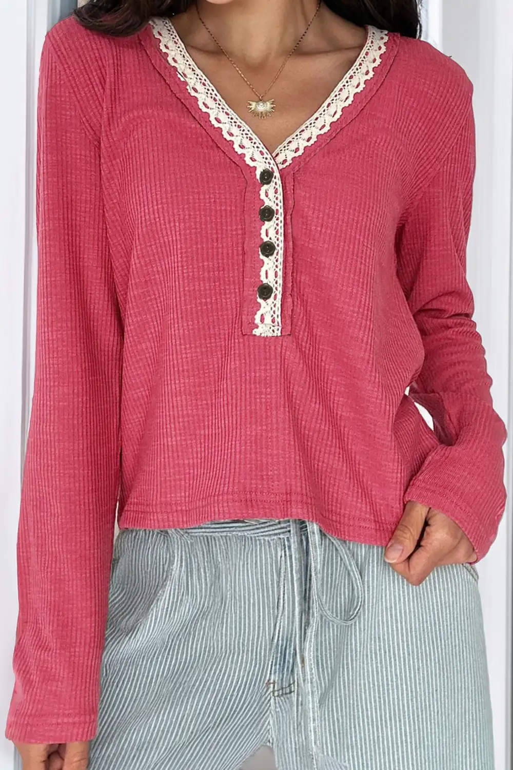 Women's Ribbed Lace Textured Top