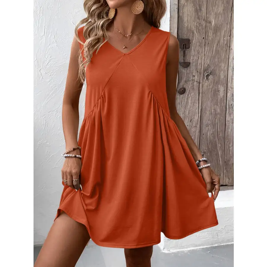 Ruched V-Neck Sleeveless Mini Dress