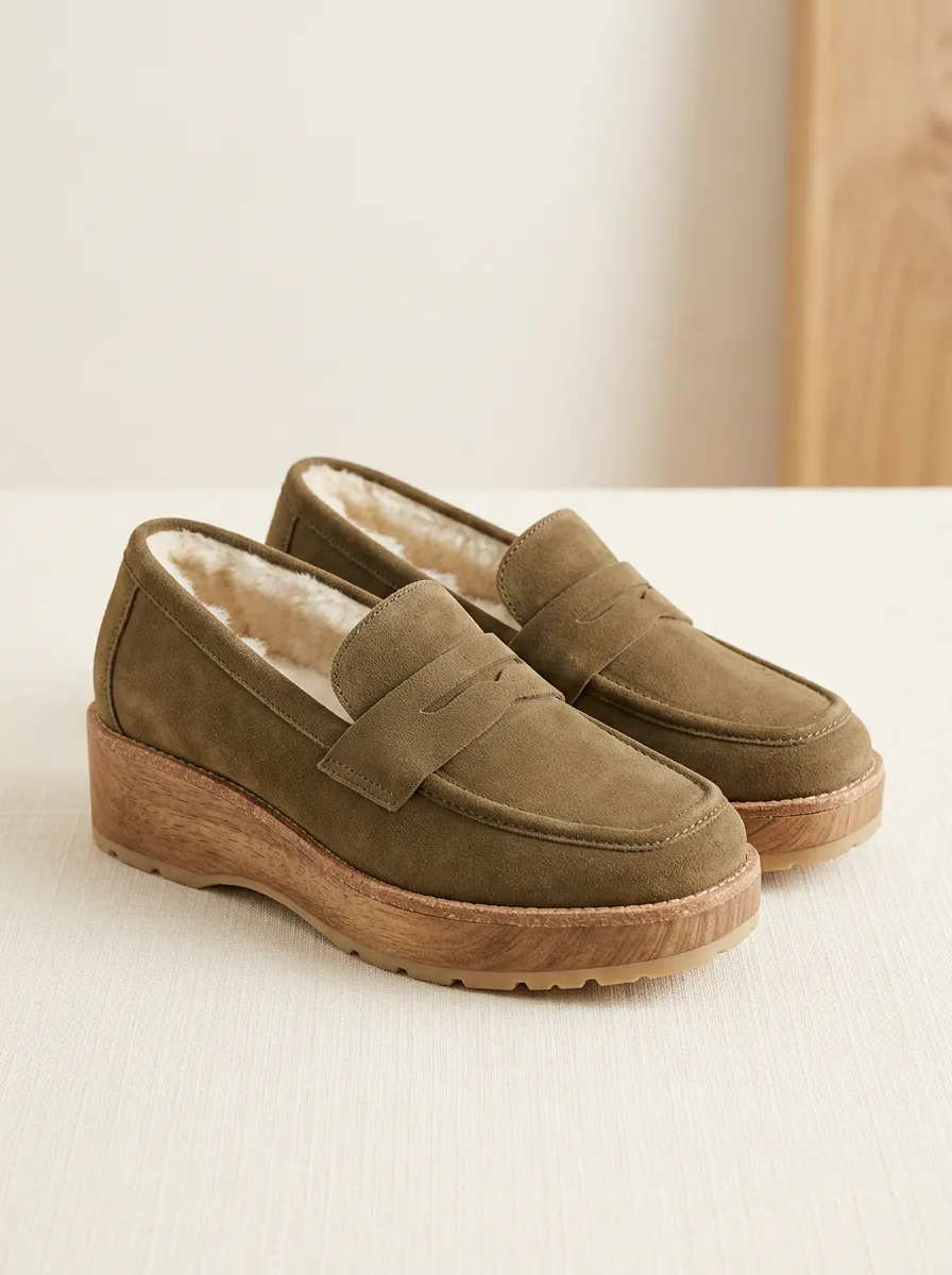 Women's All Terrain Faux Fur Lined Platform Suede Wood Sole Loafers