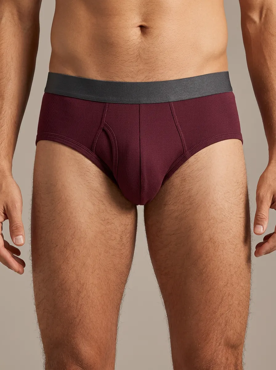 Men's Burgundy Ribbed Cotton Elastic Waist Briefs