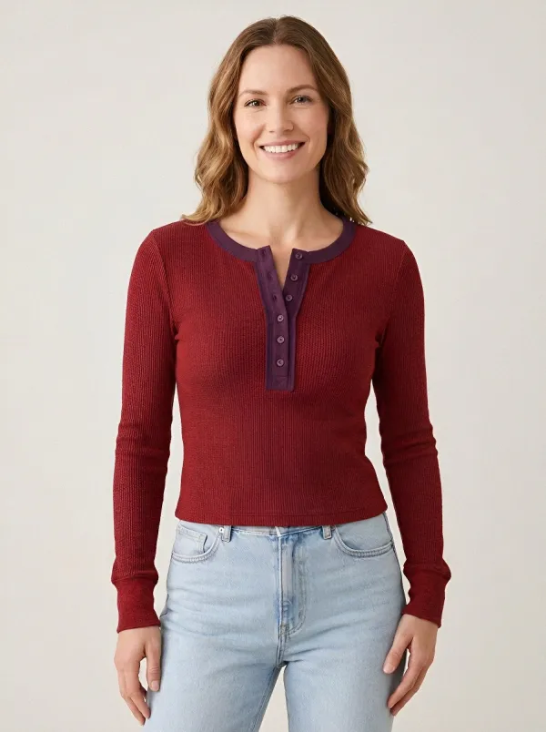 Women's Casual Waffle Knit Contrast Button Henley Shirt