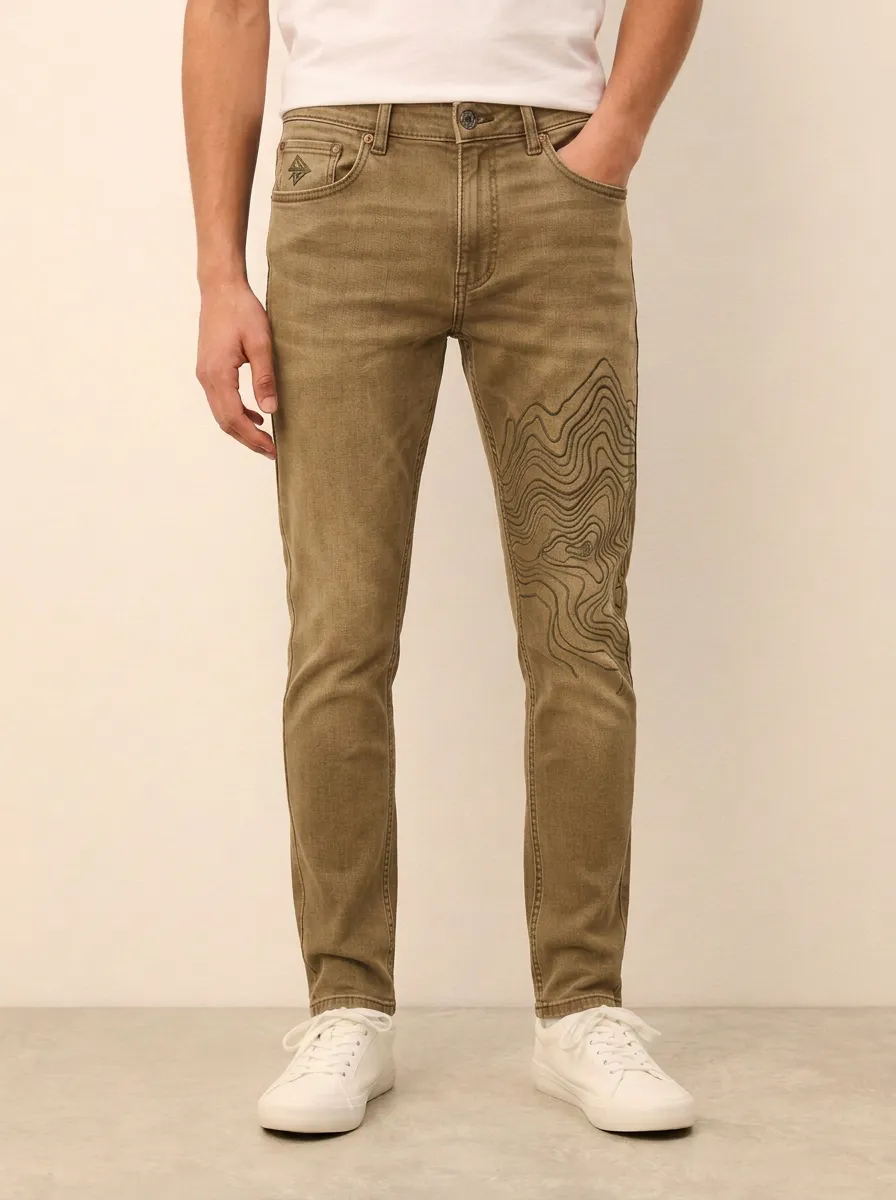 Men's Charcoal Grey Outdoor Topographic Map Stretch Jeans