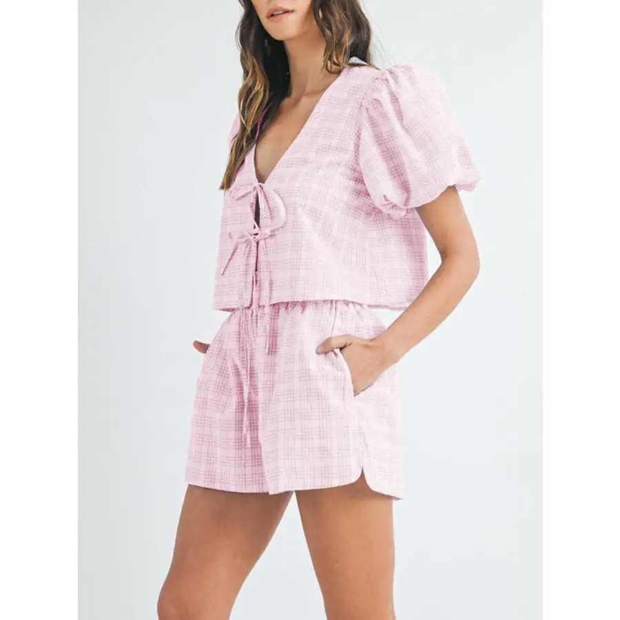 V Neck Puff Sleeve Top and Shorts Set