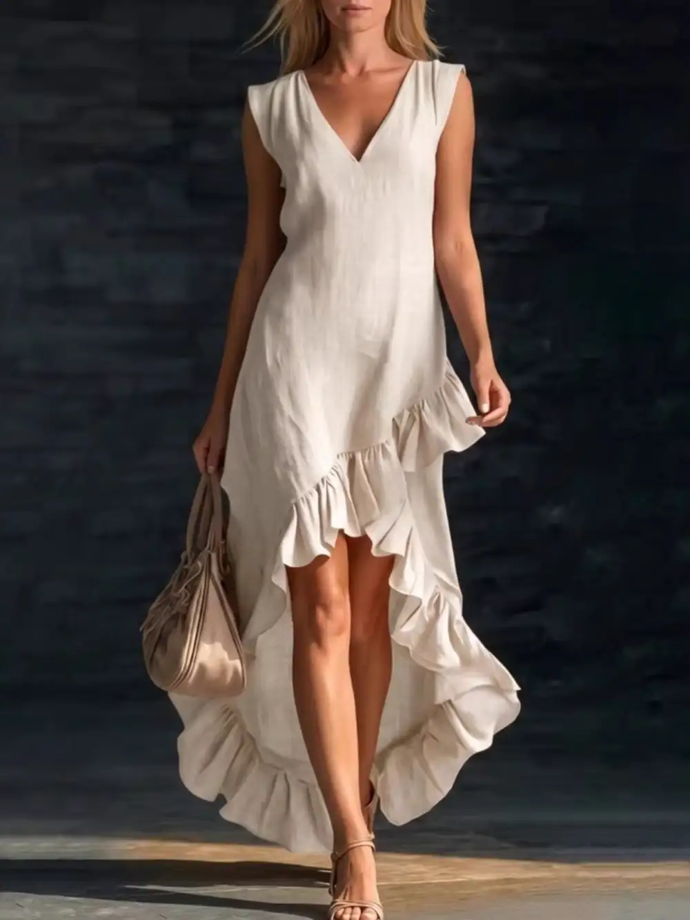 Structured Shape V Neck Ruffle Sleeveless Dress