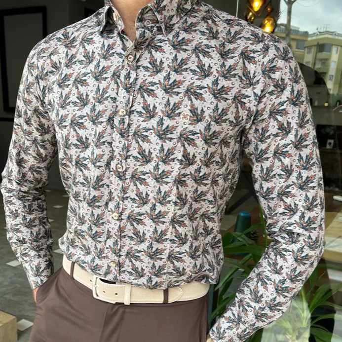 Long Sleeve Slim Fit Printed Cotton Casual Shirt