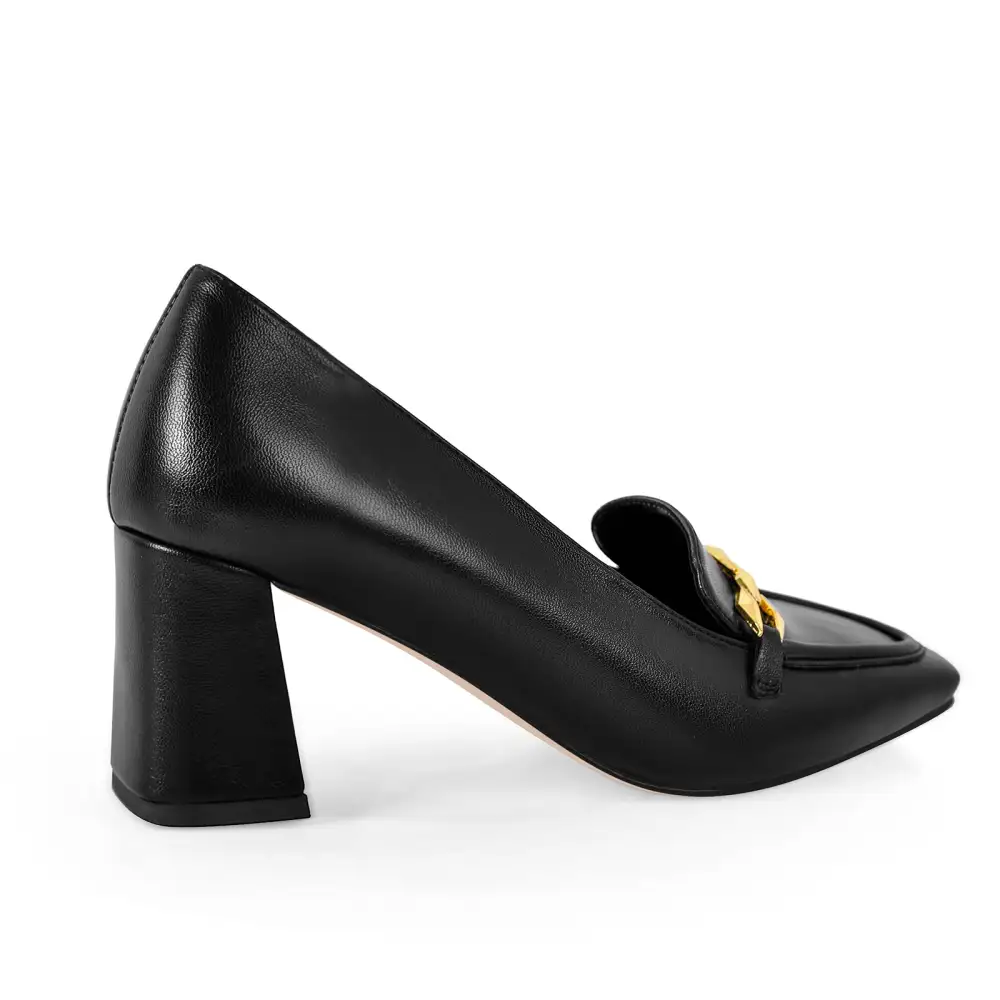 Square Toe Chunky Heel Chain Accent Pumps