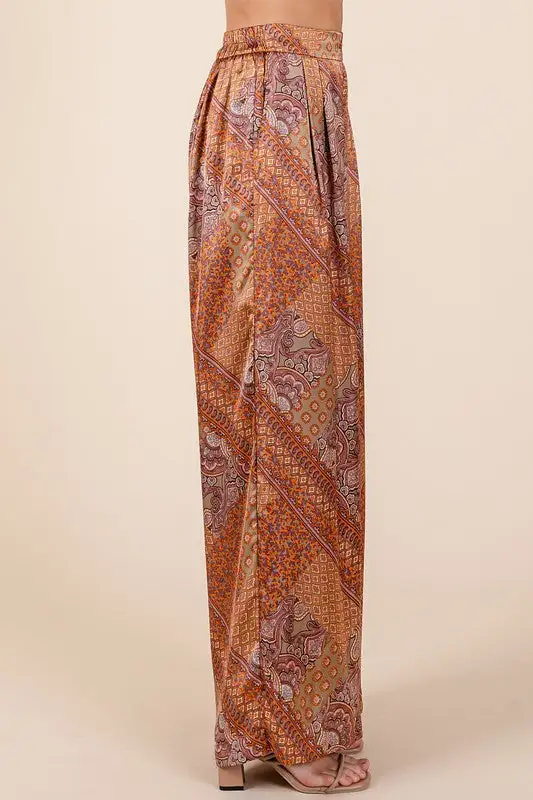 Patchwork Print Satin Wide Leg Pants