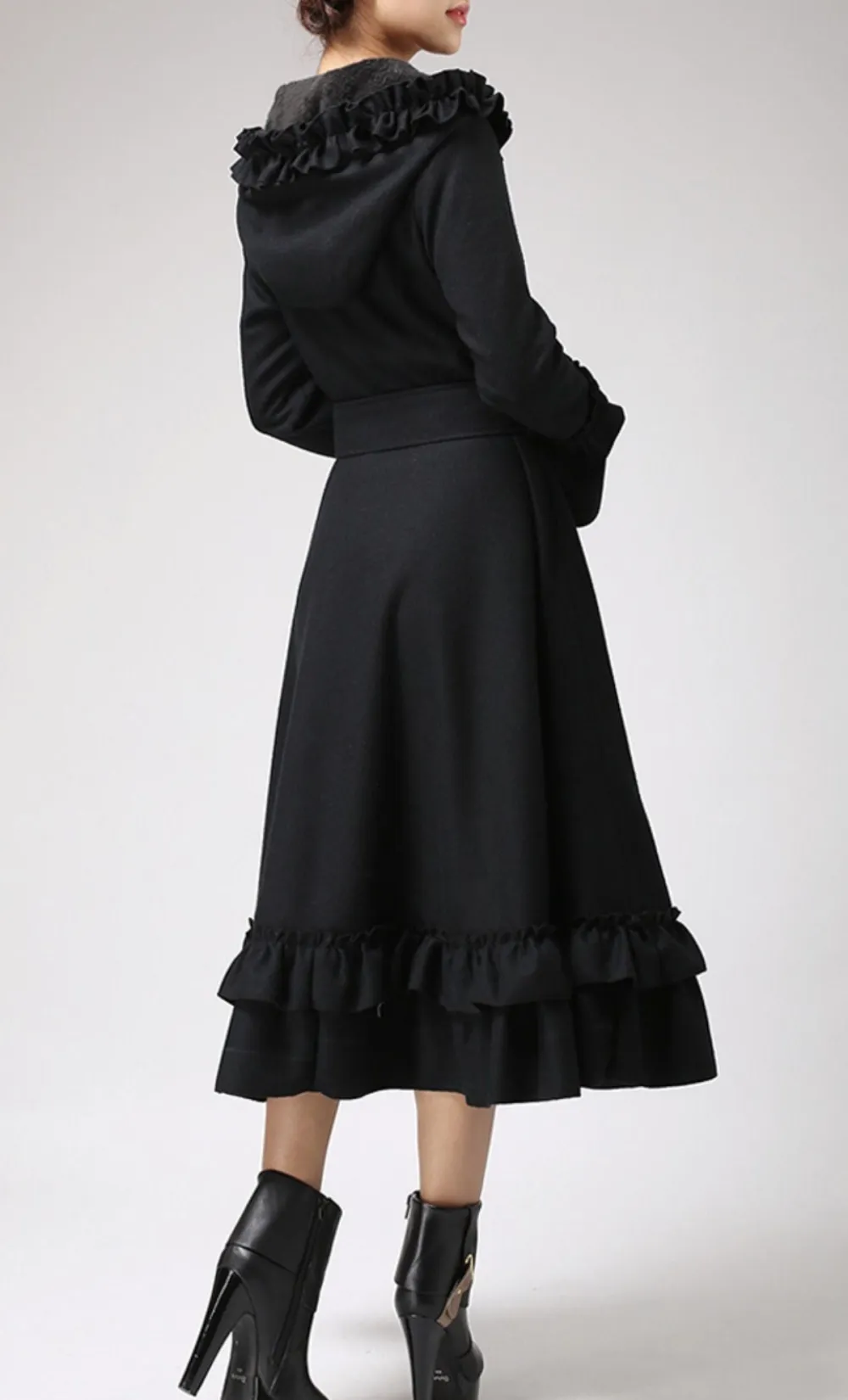 Refined Wool Blend Hooded Belted Ruffle Trim Long Coat