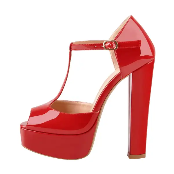 T-Strap Peep Toe Platform Patent Chunky High Heel Sandals