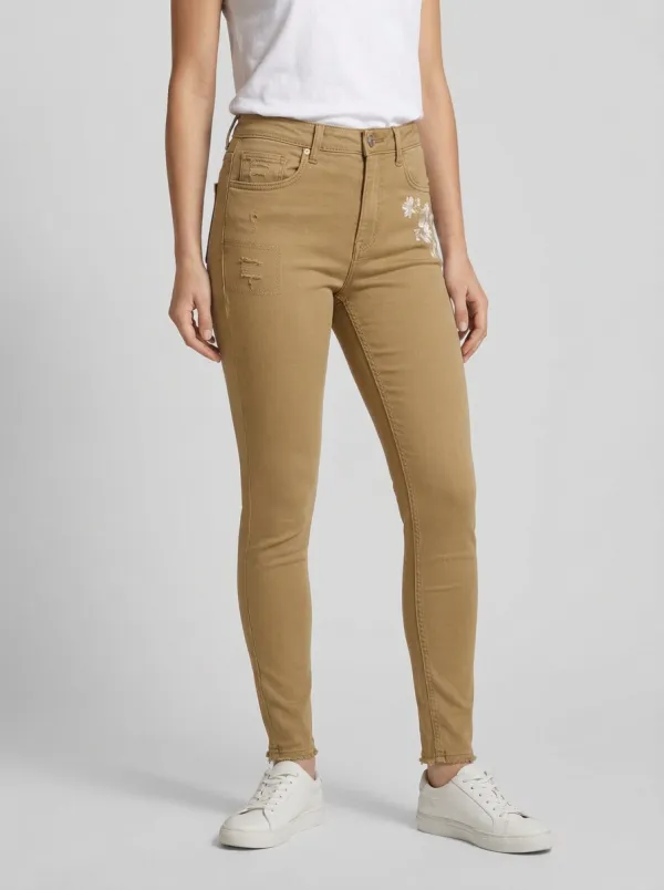 Women's Trail Floral Embroidery Distressed Printed Slim Jeans