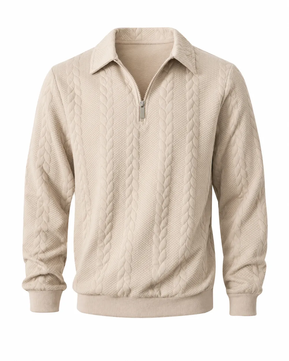 Men's spring knitted long-sleeved slim-fit polo shirt, daily wear, casual and versatile, retro zipper half-button design