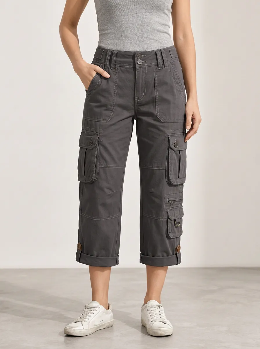 Women's Utility Multi Pocket Mid Rise Cuffed Capri Cargo Pants