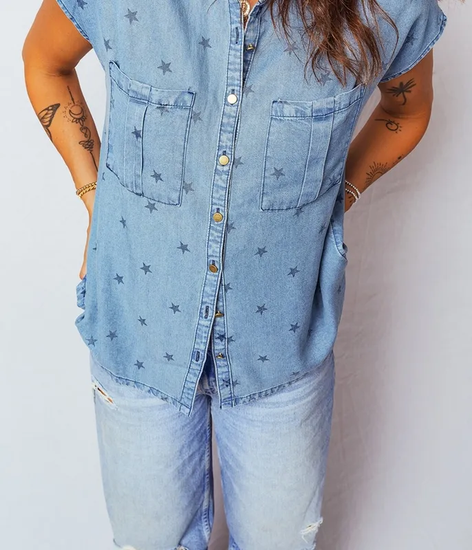 Double Chest Pocket Short-Sleeve Denim Shirt