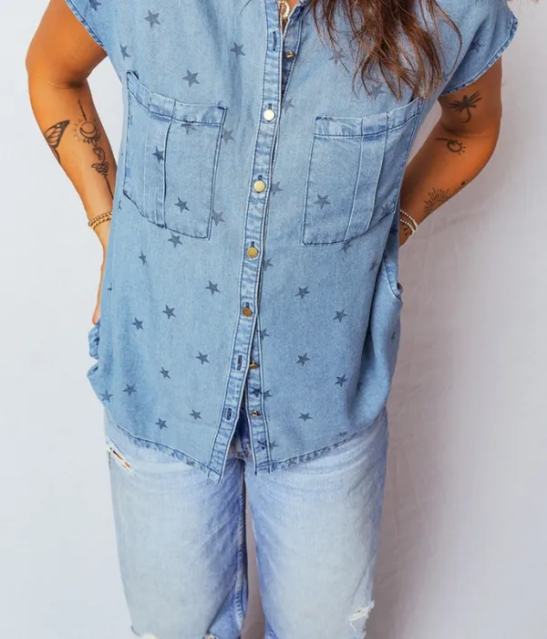 Double Chest Pocket Short-Sleeve Denim Shirt
