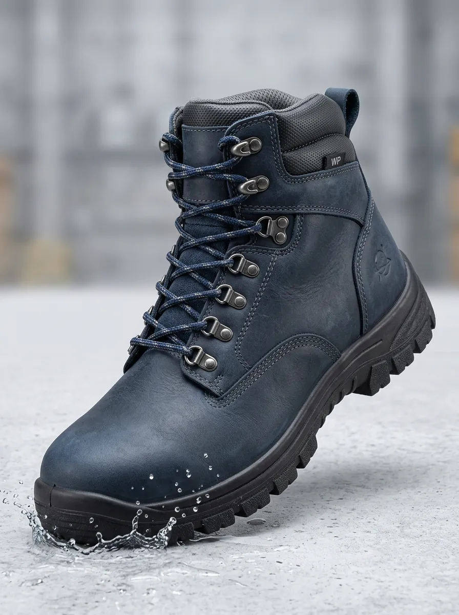 Men's Waterproof Navy Leather Outdoor Printed Work Boots
