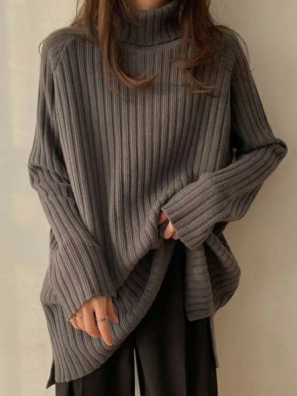Casual Split Hem High Neck Long Sleeve Relaxed Fit Sweater
