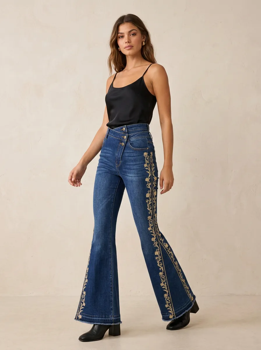 Women's Boho Style Floral Embroidery Printed Flare Jeans