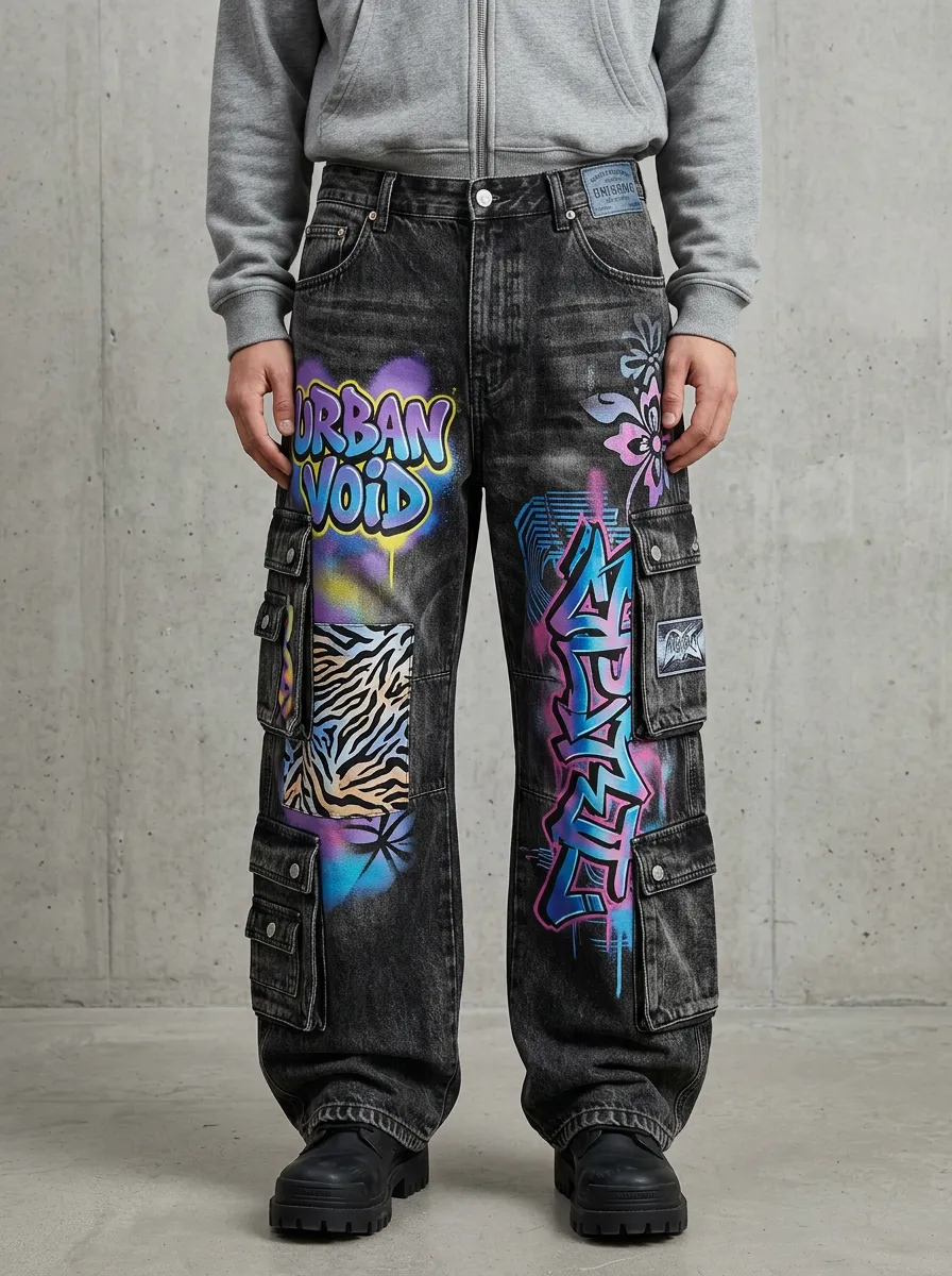 Men's Urban Void Graffiti Zebra Graphic Cargo Jeans