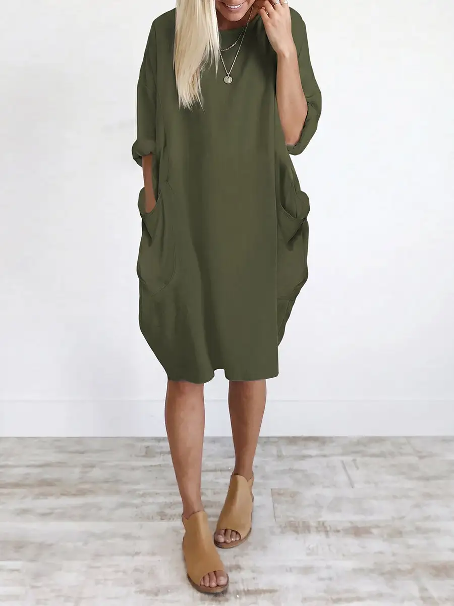 Refined Long Sleeve Relaxed Pocket Solid Color Round Neck Mini Dress