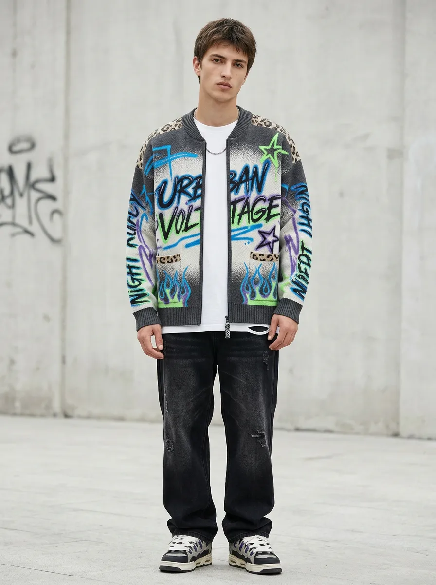 Men's Streetwear Graffiti Leopard Flame Printed Knit Cardigan