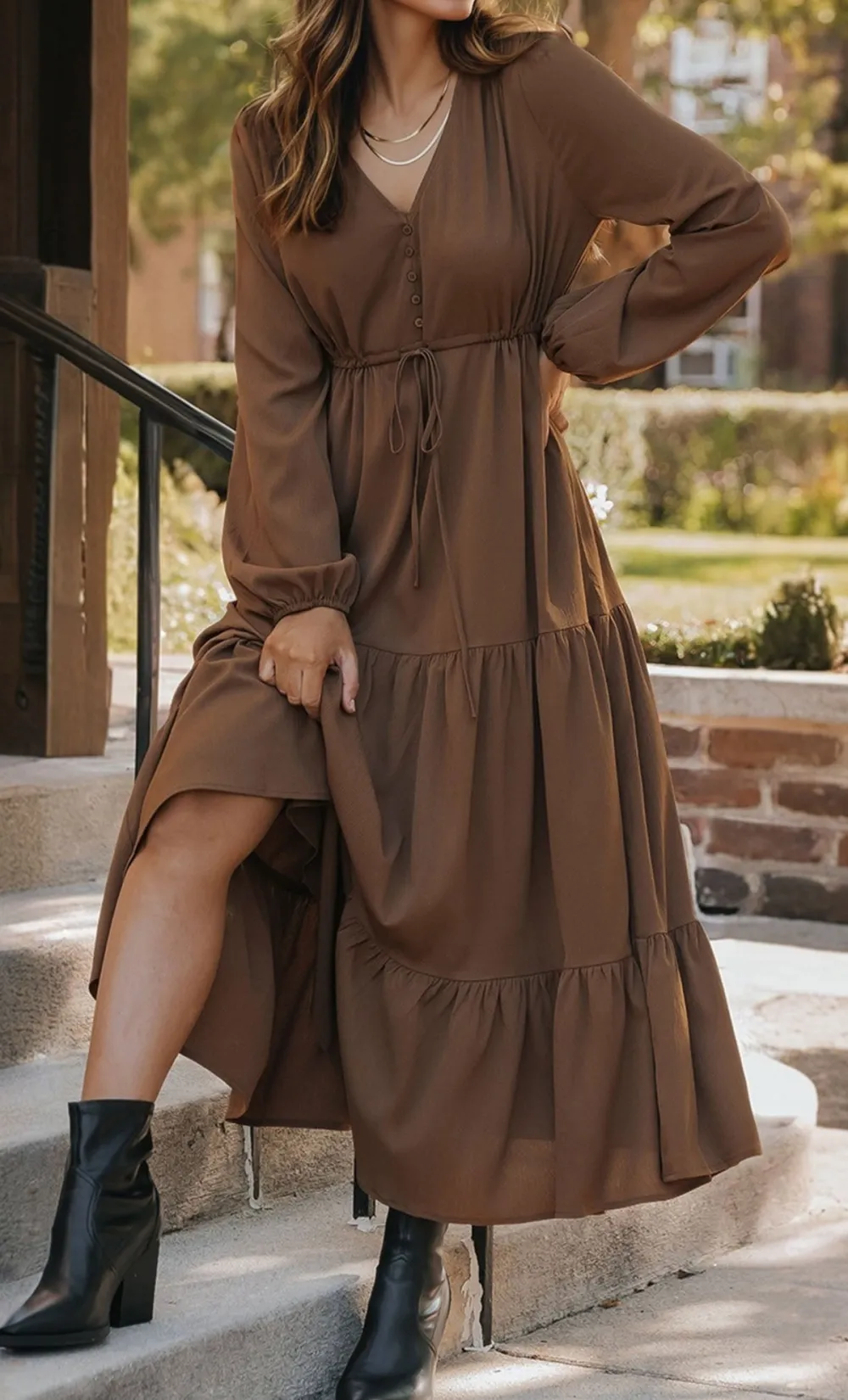 Solid Long Sleeve Button V Neck Tiered Maxi Dress