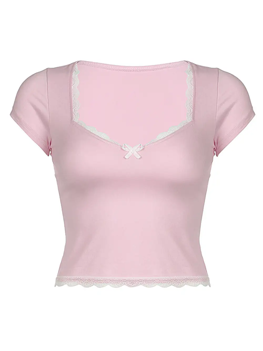 Short-Sleeve Bow-Detail Lace-Detail Cotton T-Shirt