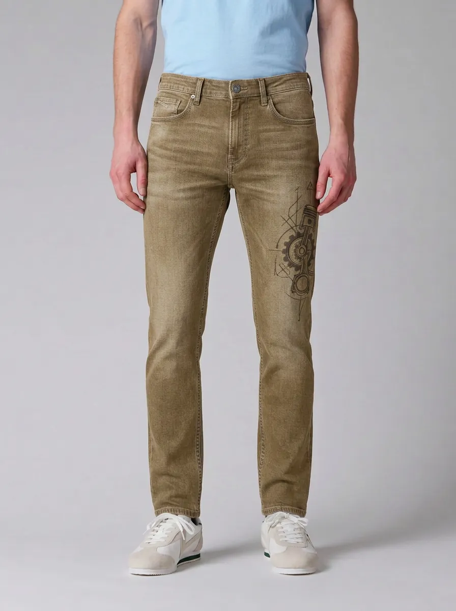 Men's Mid-Blue Mechanical Piston Gear Stretch Jeans