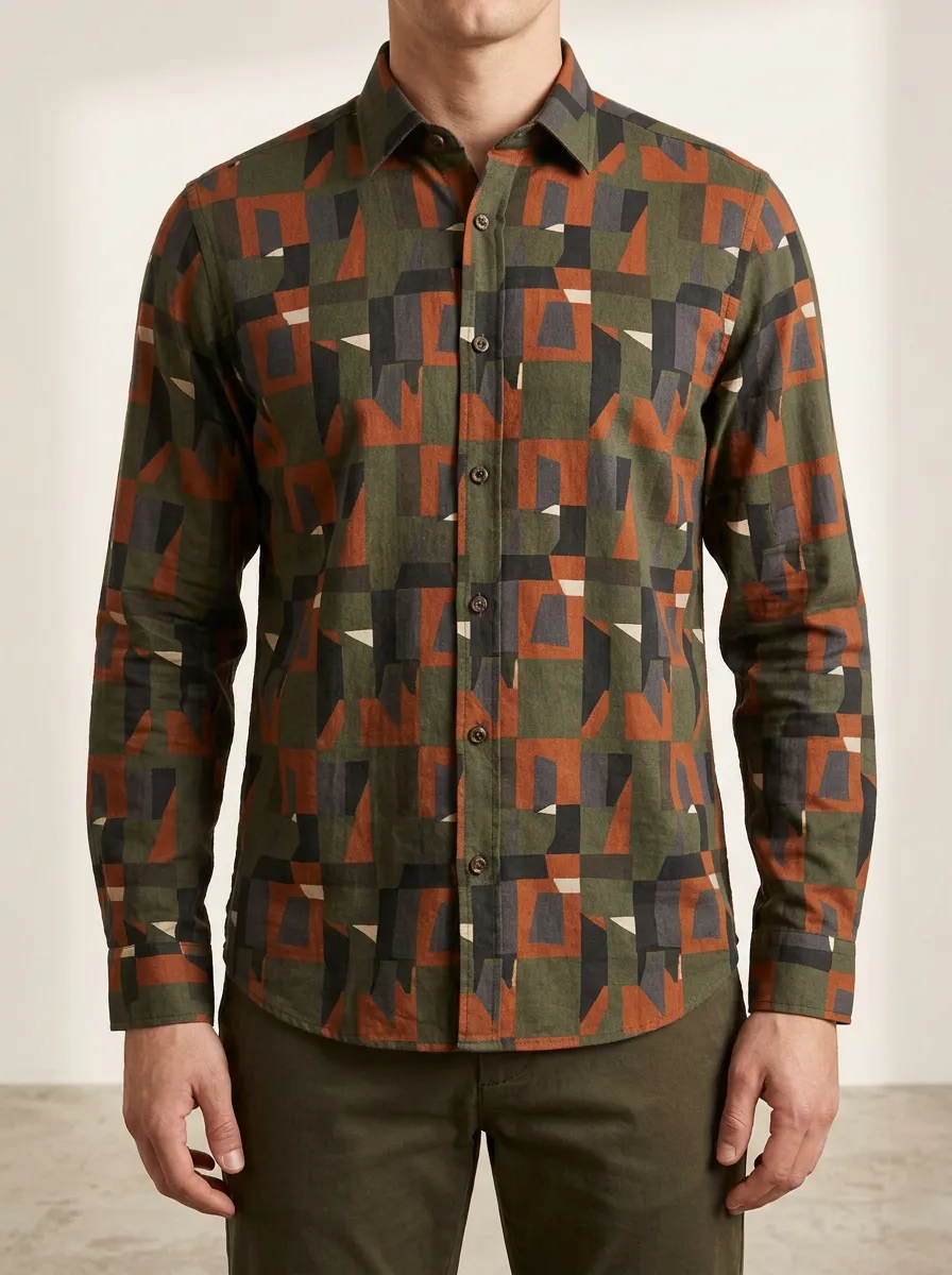 Men's Brown Geometric Long Sleeve Pattern Shirt