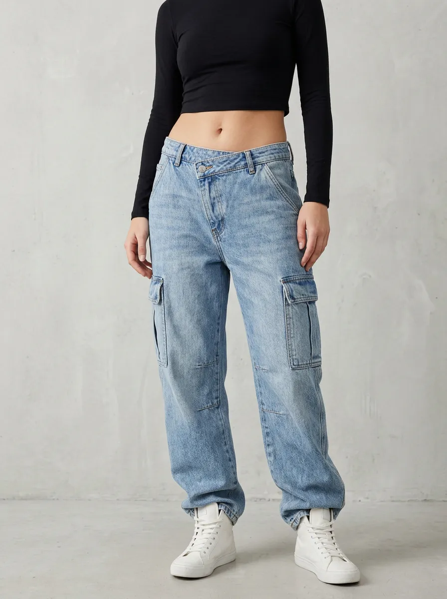 Women's Casual Streetwear Asymmetric Waist Cargo Denim Pants
