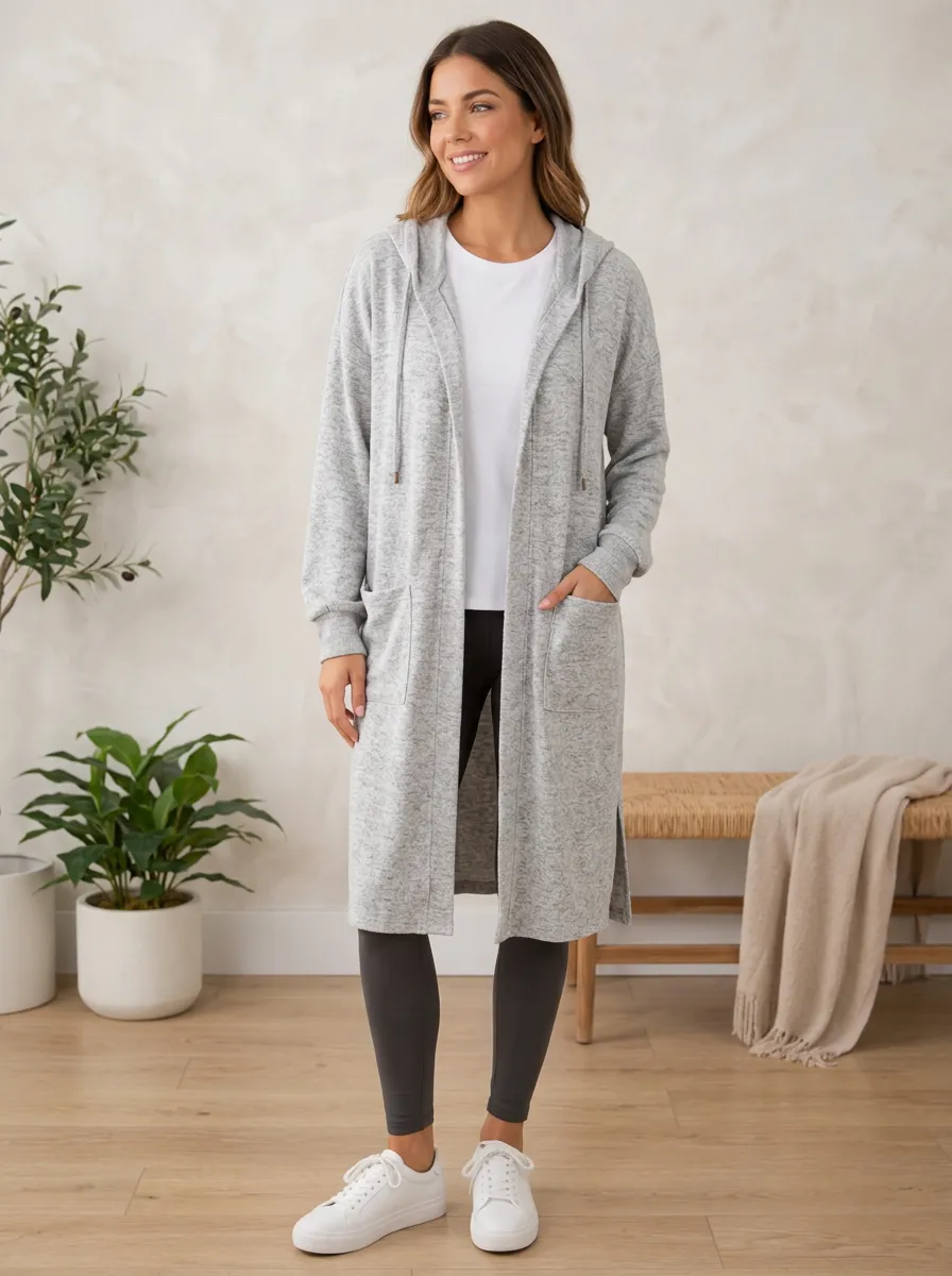 Women's Casual Heather Grey Hooded Longline Cardigan
