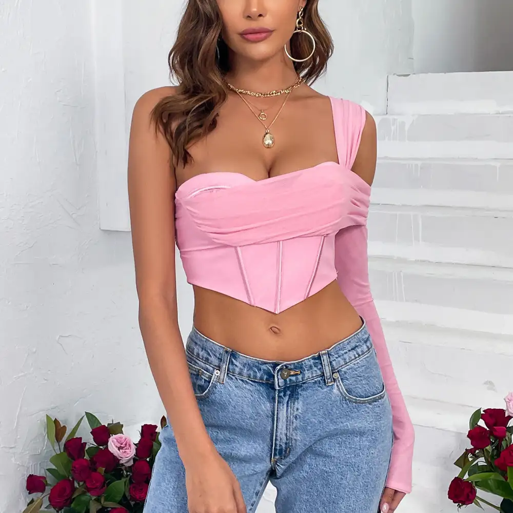 Women's Mesh Cropped One-Shoulder Tank Top