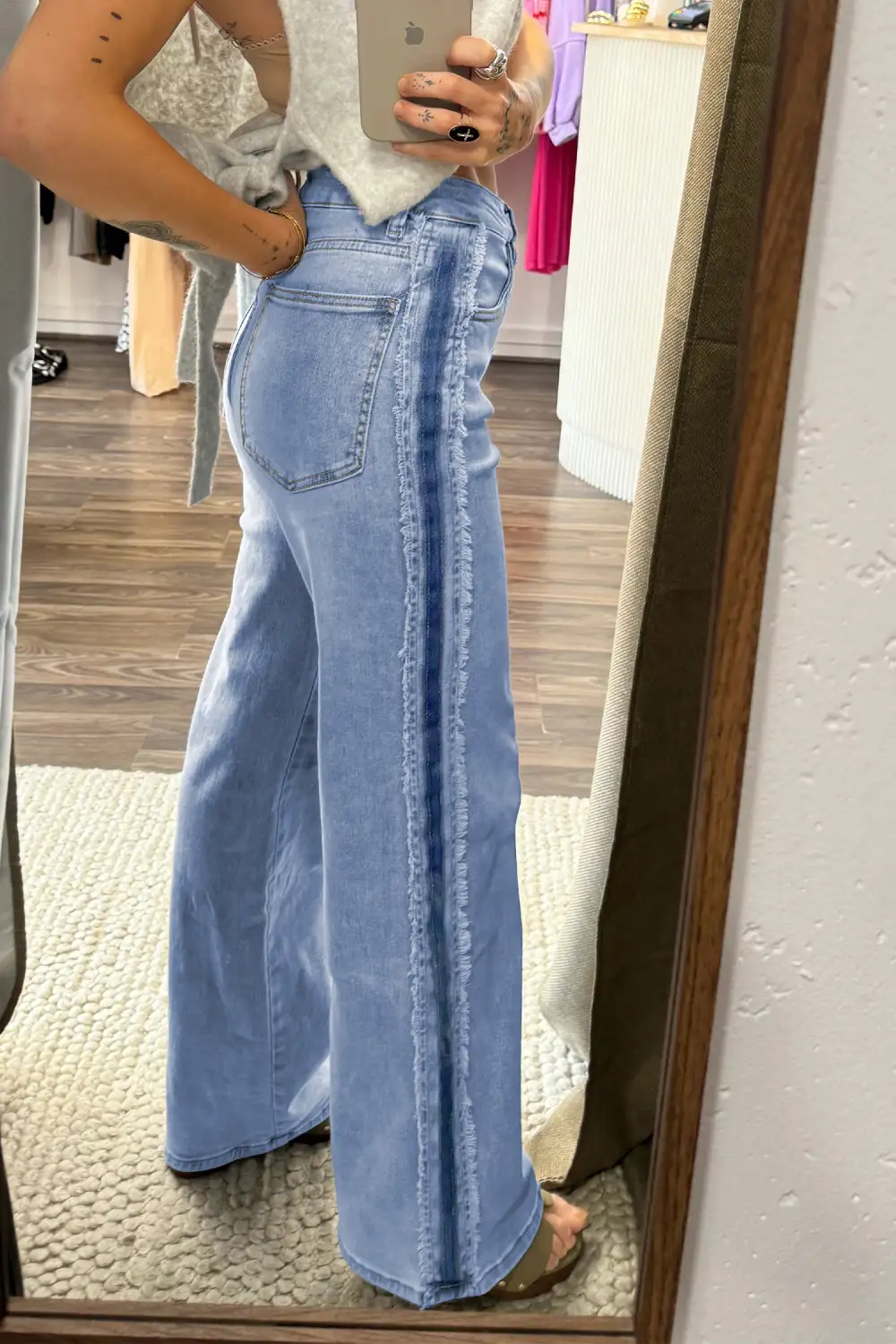 Women's Contrast Stripe Frayed Side Panel Patchwork Shift Jeans